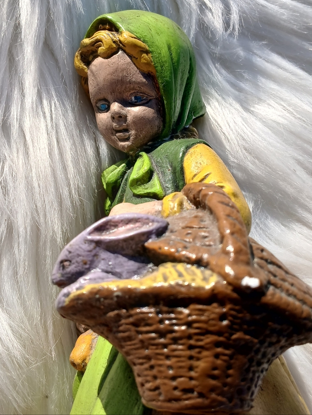 Girl Basket Bunny Rabbit Chalkware Plaster Statue Figure Decor mcm Green Yellow